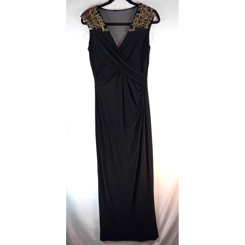 Lauren Ralph Lauren Evening Black Beaded Shoulder Mesh V-Neck Gown Dress 6